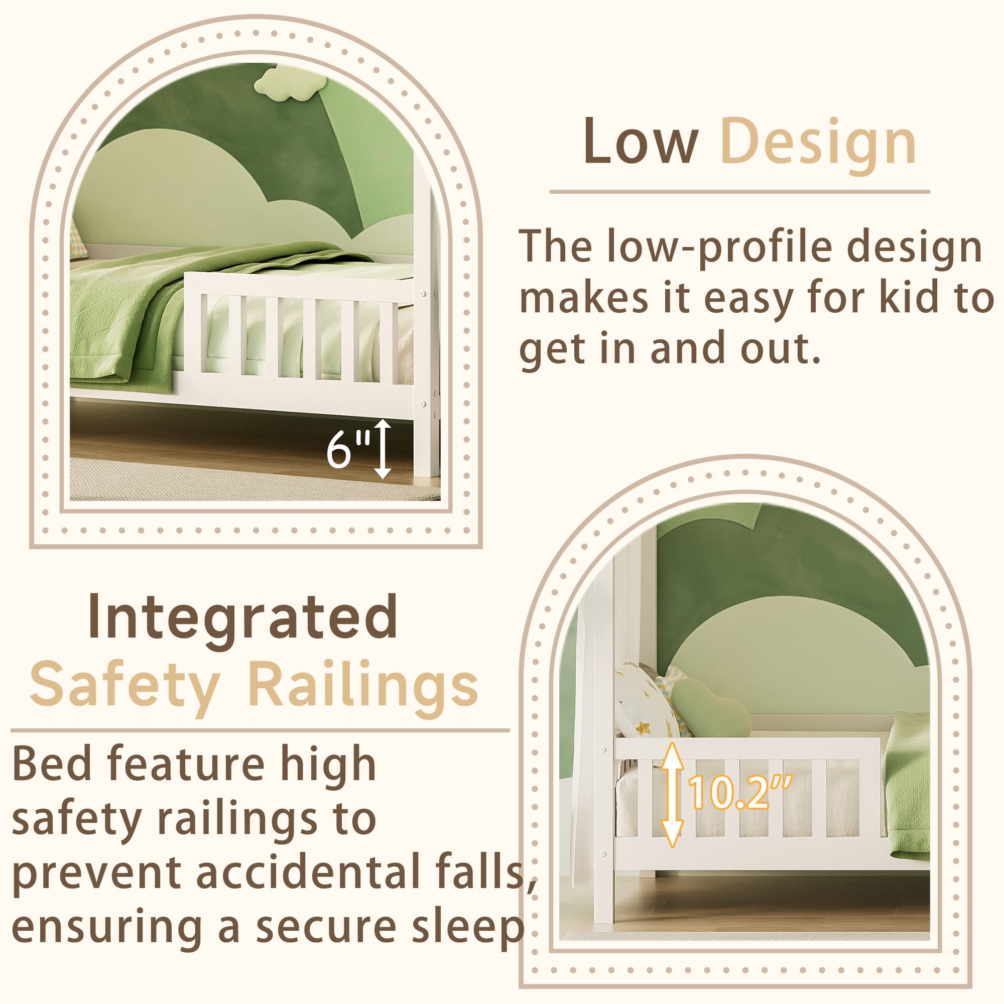 Mirightone Twin Toddler Bed Frame with Rails, Montessori Floor Bed, Wood House Twin Canopy Bed Frame, Twin Bed Frame for Girls Boys, White