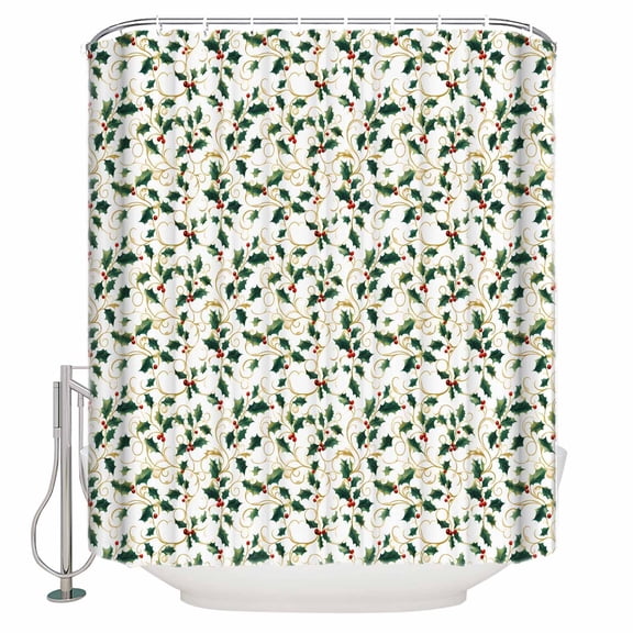 Small Stall Shower Curtain 48x72 Inch Narrow Half Size Christmas Botanical Bath Curtains Bathroom Decor Green Xmas Leaf Berry Waterproof Fabric Shower Curtain Set with Hooks 48 Inch