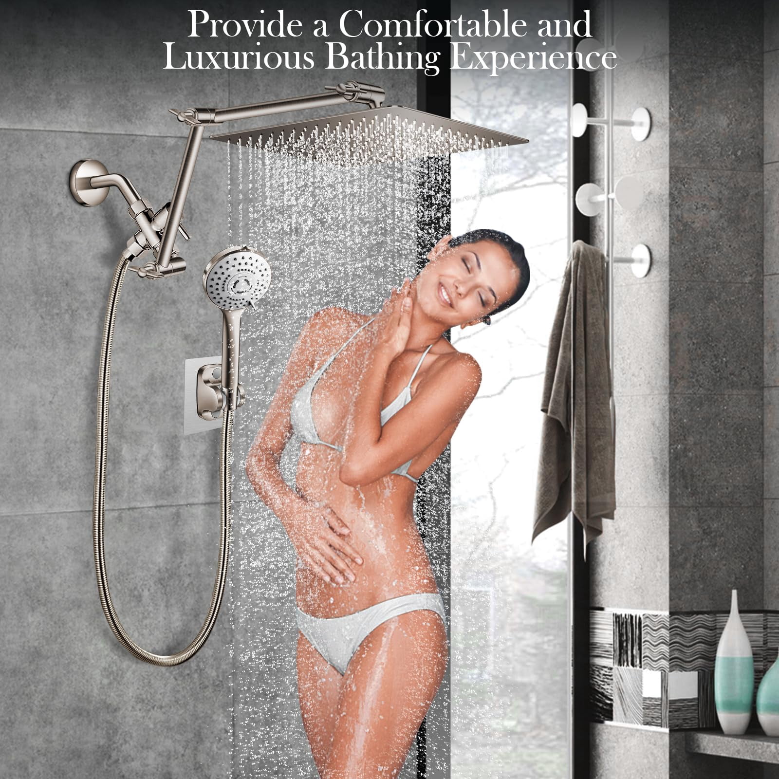 12'' Rain Shower Head Combo  High Rainfall With 16'' Flexible Height/angle Adjustable Extension Arm 5 Setting Spray Hand Held Nickel