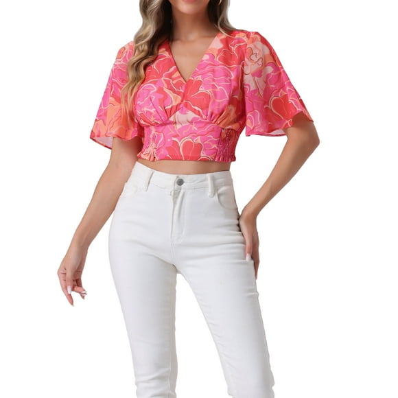 INSPIRAR CHIC Blusas Cortas de Manga Corta con Cuello en V de Verano con Estampado Floral XS Rosa Fucsia