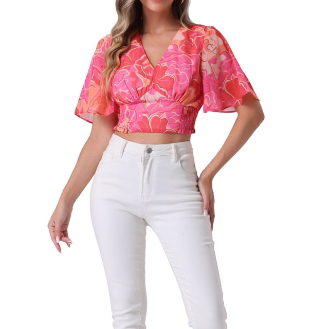 INSPIRAR CHIC Blusas Cortas de Manga Corta con Cuello en V de Verano con Estampado Floral XS Rosa Fucsia