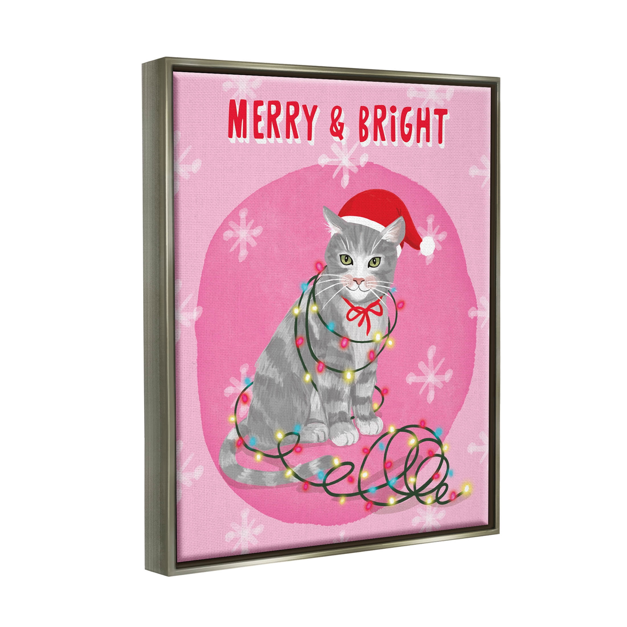 Stupell Industries Merry & Bright Christmas Cat Lights Graphic Art Luster Gray Floating Framed Canvas Print Wall Art, Design by Be Ni La