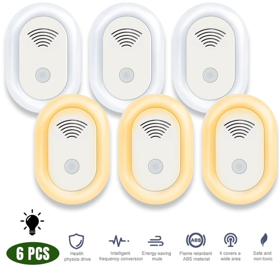 Ultrasonic Pest Repeller with Nightlight – 6 Pack,White