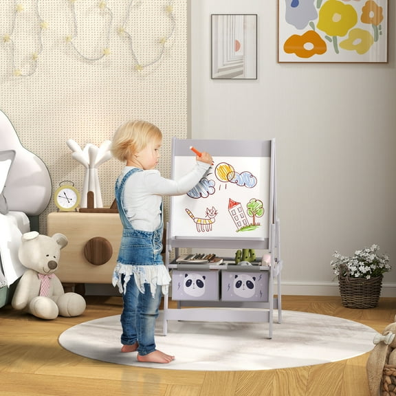 Qaba Art Easel for Kids with Paper Roll, 3 in 1 Toddler Painting Easel with Blackboard, Whiteboard, Storage Baskets, Gray