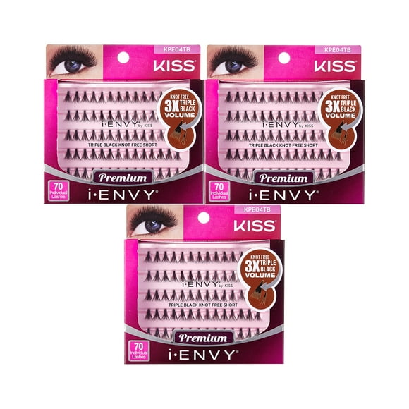 iENVY by KISS Pestañas individuales triples negras sin nudos (cortas) Paquete de 3 3 veces más volumen