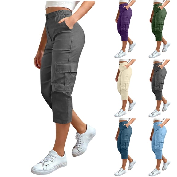 AnuYalue Plus Size Cargo Capris for Women with Pockets Summer Casual Loose Capri Pants High Waisted Workout Cropped Pant