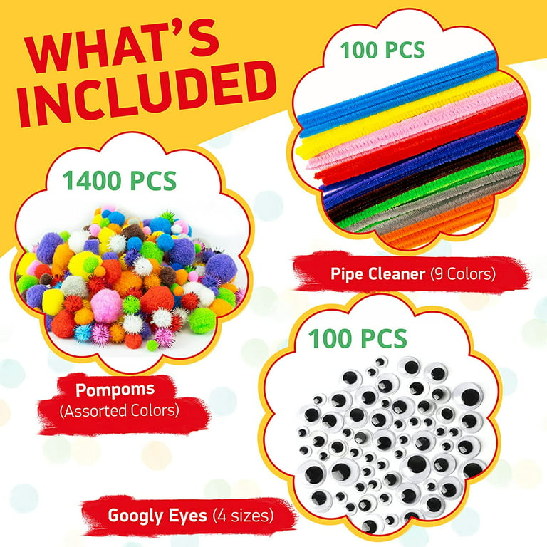 Zelssi Pom Poms - Pack of 1 300 1 inch Pom Pom Balls + 100 Googly Eyes -  Vibrant Assorted Pompoms for Crafts Multi Colored Poms for DIY & Arts and  Creative Crafts Projects & Decorations
