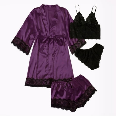 Aoochasliy Sleepwear for Women Clearance Plus Size Sexy Lingerie Silk Robe Satin Bathrobe Four-piece Set Sleepwear Pajamas