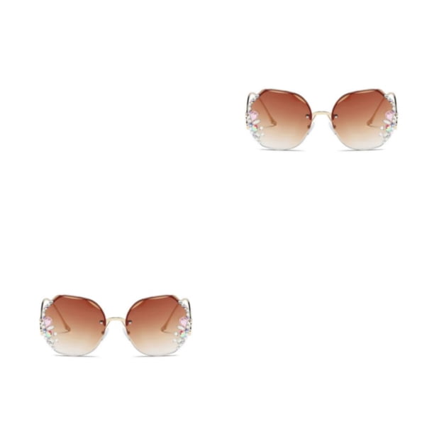 Qarigey Gafas de sol Retro de lujo sin marco para mujer, gafas de sol con incrustaciones de diamantes de imitación, gafas de sol de Color Color café 2Conjunto