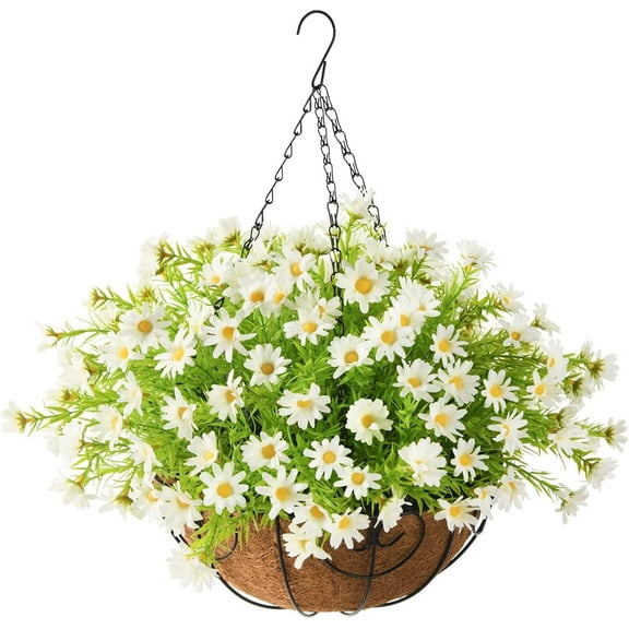 Artificial Hanging Flowers for Outdoors Spring Decoration,Faux Silk Chrysanthemum,Hanging Planters in inch Coconut Lining Basket for Home Outside Porch Decor(White)