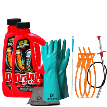 Drano Max Gel Drain Cleaner Bundle – 2 x 32oz Bottles with Gloves, Microfiber Cloth, Hair Clog Removers, Drain Snake, Pipe Brush – Extra Mile at Home