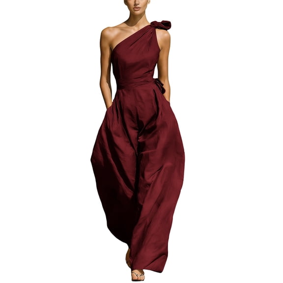 TEAJOPSUU Jumpsuit for Womens Trendy One Shoulder Tie Waist Wide Leg Casual Sleeveless Jumpsuit Burgundy