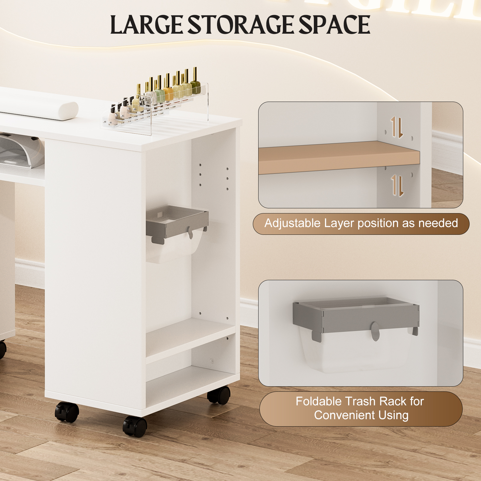 55 Inch Nail Desk for Nail Tech, White Manicure Table Nail Station with Foldable Tray & Trash Bag Holder, Wrist Cushion, Lockable Wheels, Nails Table for Nail Beauty Salon Spa（White）