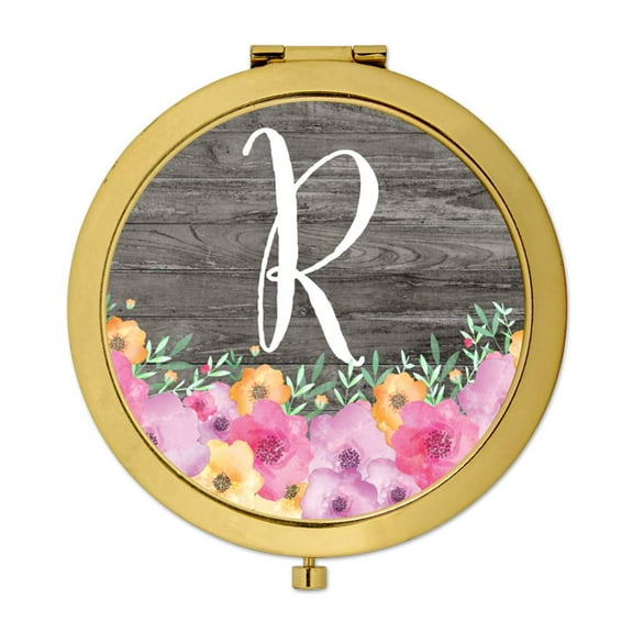 Koyal Wholesale Gold Compact Mirror Bridesmaid's Wedding Gift, Pink Floral Flowers on Rustic Gray Wood, Monogram R, 1-Pk
