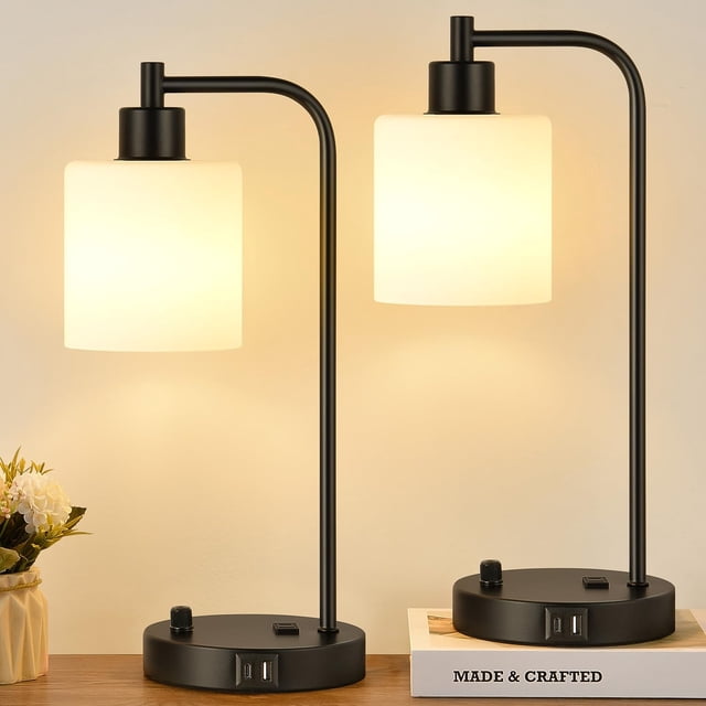 Juego de 2 lámparas de mesa industriales con puertos USB C+A y tomacorriente, totalmente regulables, para dormitorios, mesita de noche, lámpara de escritorio con pantalla de vidrio para lectura, sala