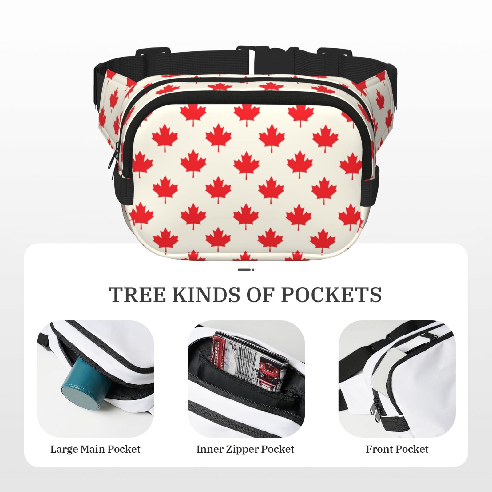 Picia Happy Canada Day Print Square Double-Layer Waist Bag Mini Adjustable Waist Belt Bag Exercise Running Travel Hiking