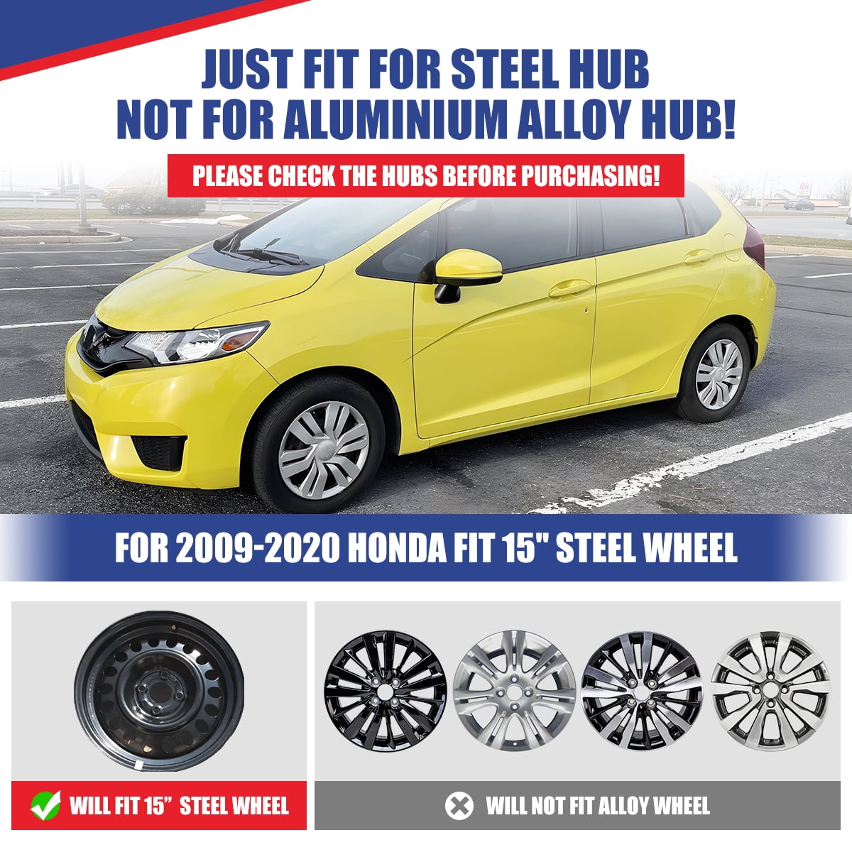 (Set of 4)15" Hubcaps Fit for 2015-2020 Honda Fit,Fit for Steel Wheel,Snap-on with Retention Rings,Chrome