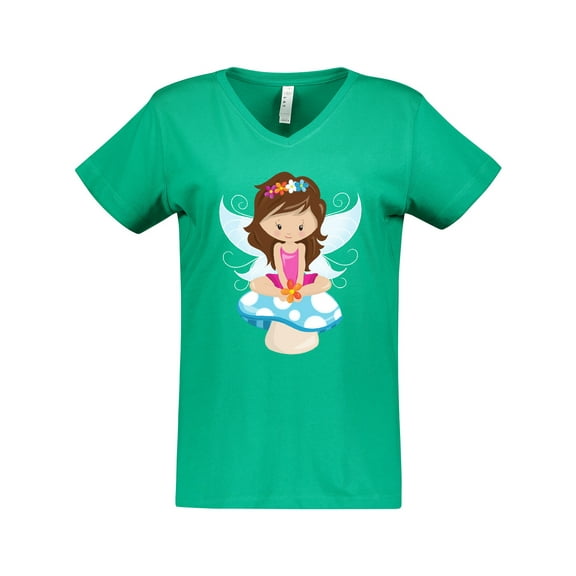 Inktastic Cute Fairy, Brown Hair, Fairy Sitting On Mushroom Women's V-Neck T-Shirt