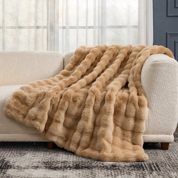 ROSEKIND Ultra Soft Cozy Faux Fur Throw Blanket, Fuzzy Plush Thick Bubble Blanket| Brown|50x60inch