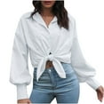 thumbnail image 5 of Women's Long Sleeve Tops Collared V-Neck Solid Color Casual Loose Work Office Blouses Button Down Shirt with Pockets, 5 of 7