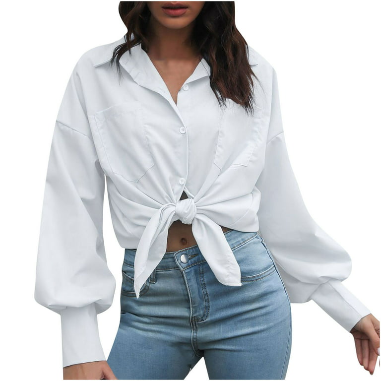 JWZUY Womens Solid Color Shirts Casual Long Sleeve Button Down Blouses  Jacket Top with Pockets Loose Fit V-Neck Tops Blue M