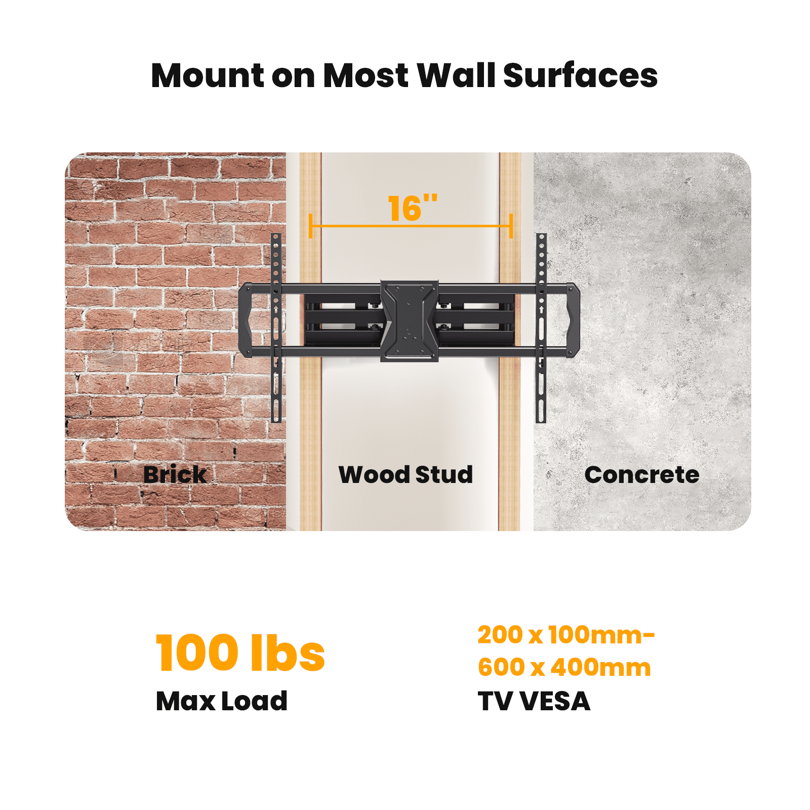 MountFTV Full Motion TV Wall Mount for 37-84 inch Curved TVs with Swivels Tilts Extension, Max 600x400mm, Holds up to 110lbs, Fit 16" Wood Stud