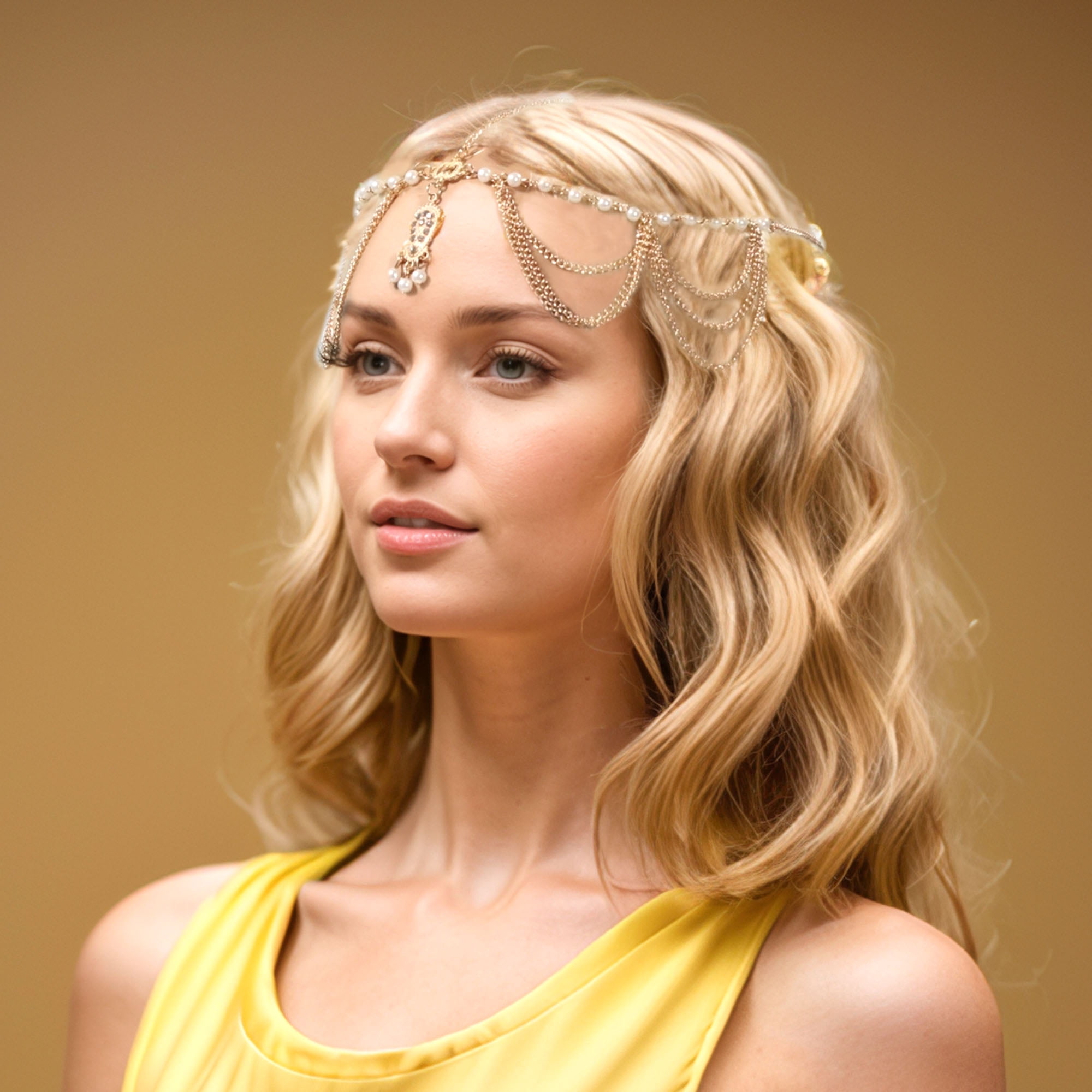 Unique Bargains Headpiece Faux Pearls Tassels Head Chain Gold Tone 1 Pc
