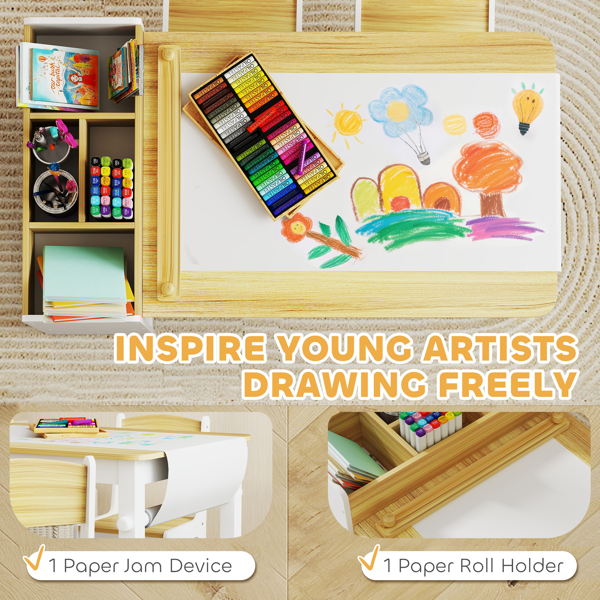 Kids Activity Table Set with 2 Chairs, Paper Roll, 4 Fabric Drawers & Storage Shelves, MDF/Pine Wood, 3-8 Years