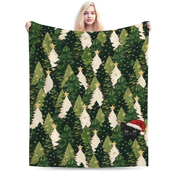 Christmas Flannel Blanket Throw, Green Christmas Trees Snow Cats Soft Fuzzy Plush Cozy Fleece Blankets 50x40