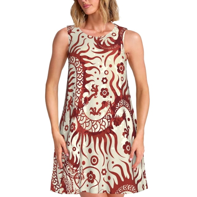 Vsdgher Robes d'Été Imprimées Dragons1 pour Femmes Robe de Plage Décontractée Col en U Sans Manches Robe d'Été Ample avec Poche