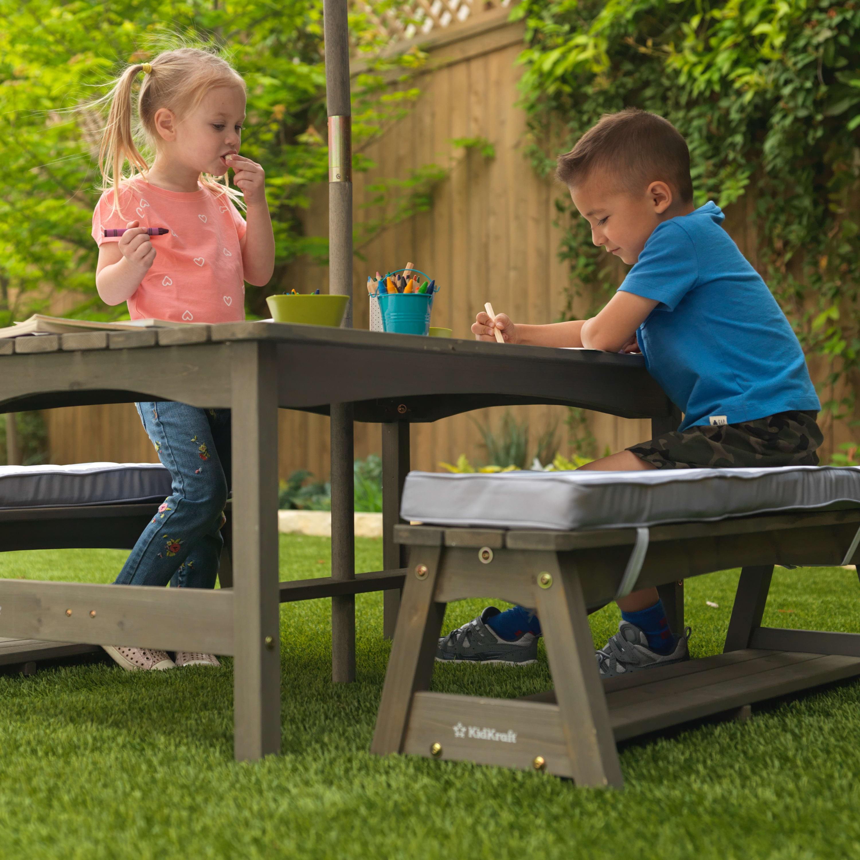 KidKraft Outdoor Table & Bench Set with Cushions and Umbrella Gray & White Stripes 