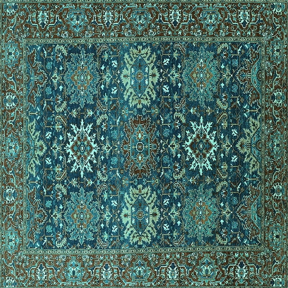 Ahgly Company Machine Washable Indoor Square Oriental Turquoise Blue Industrial Area Rugs, 6' Square
