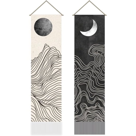 2Pcs Boho Line Sun and Moon Tapestry Black and White Sun Moon Long Vertical Tapestry Wall Hanging Minimalist Abstract Tassel Wall Aesthetic Tapestry for Bedroom Living Room 45.7x13Inch