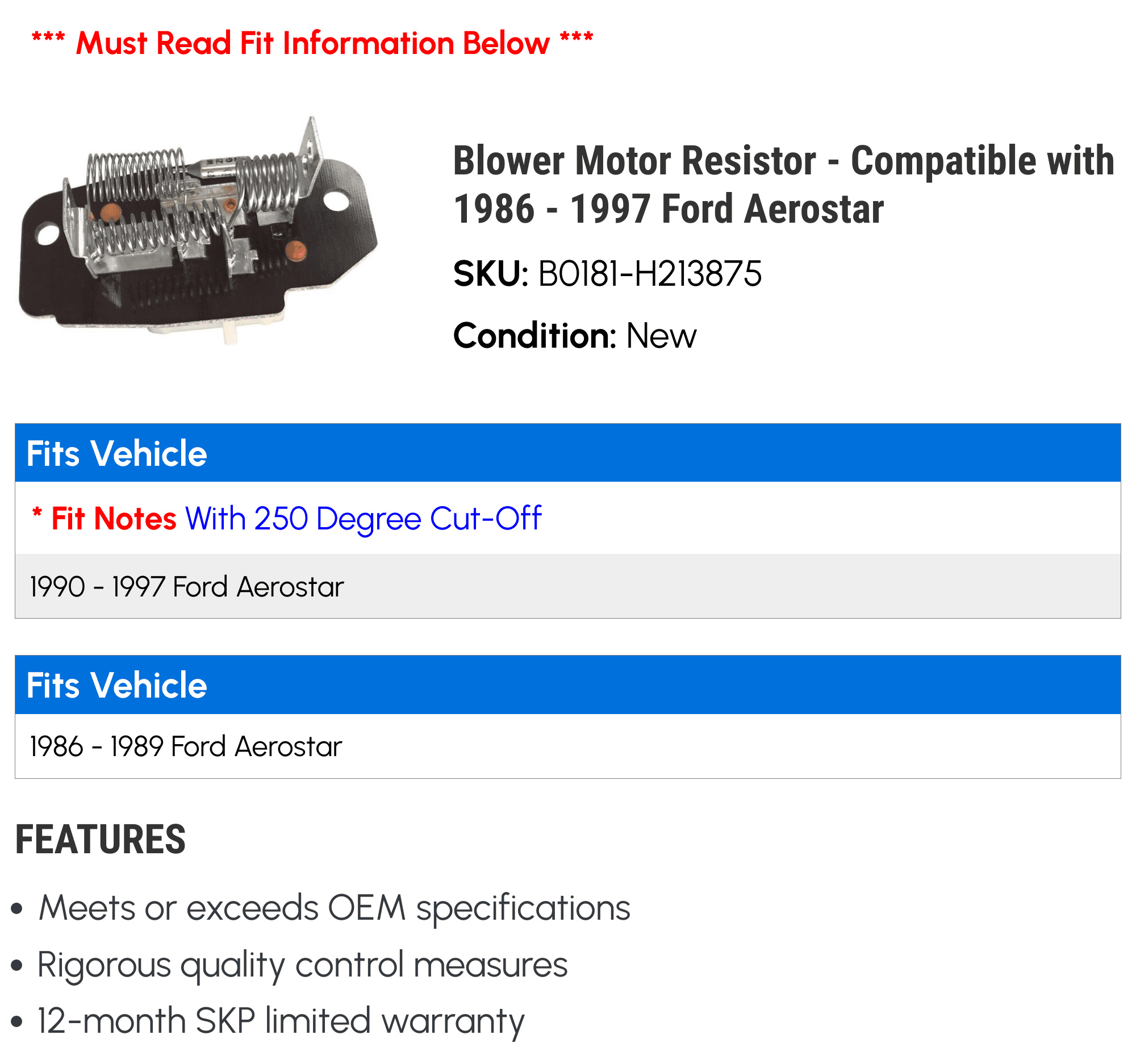 Blower Motor Resistor - Compatible with 1986 - 1997 Ford Aerostar 1987 1988 1989 1990 1991 1992 1993 1994 1995 1996