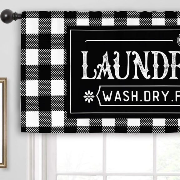 Black White Plaid Laundry Room Curtain Valance 54W x 18H Rod Pocket Checkered Buffalo Wash Dry Fold Repeat Window Treatment for Living Room Bathroom