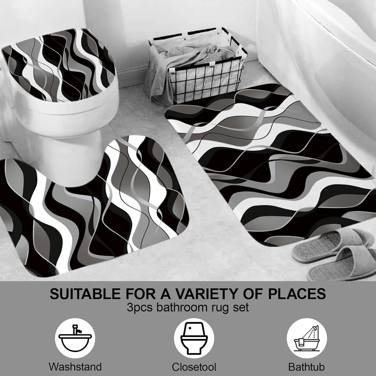 4Pcs Pink Shower Curtain Sets with Non-Slip Rugs, Toilet Lid Cover and Bath Mat, Black and Gray Bathroom Decor Set Accessories Fabric Waterproof Shower Curtains with 12 Hooks, 72 x 76 Inch