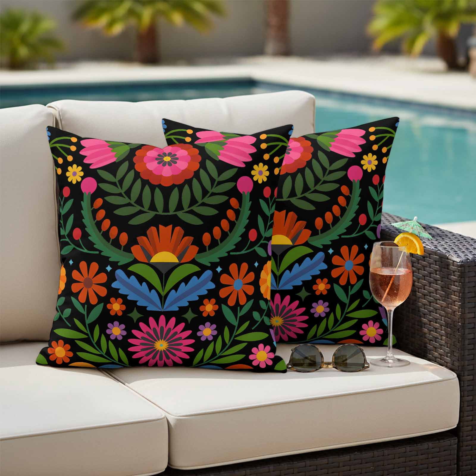 Bohemian Outdoor Waterproof Pillow Covers, Red Green Tribal Mexican Abstract Flower Decorative Square Throw Pillowcase Sofa Cushion Sham for Patio/Couch/Chair, 18"x18" 2 Pack