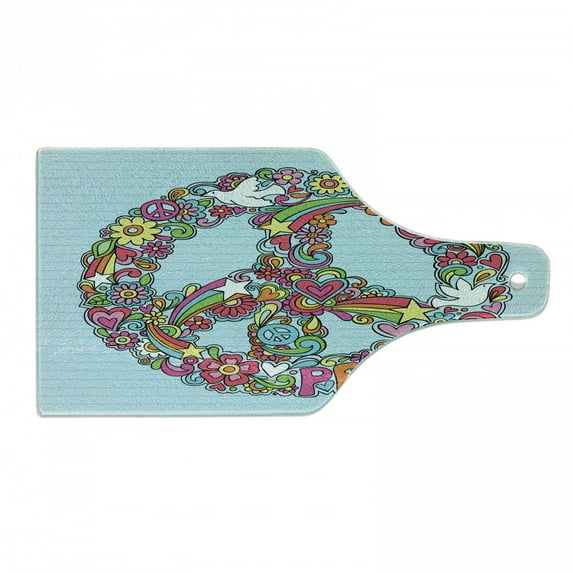 Hippie Cutting Board, Hand-Drawn Psychedelic Groovy Floral Peace Sign and Dove Doodles on Line Sketchbook, Tempered Glass Cutting and Serving Board, Wine Bottle Shape, Multicolor, by Ambesonne