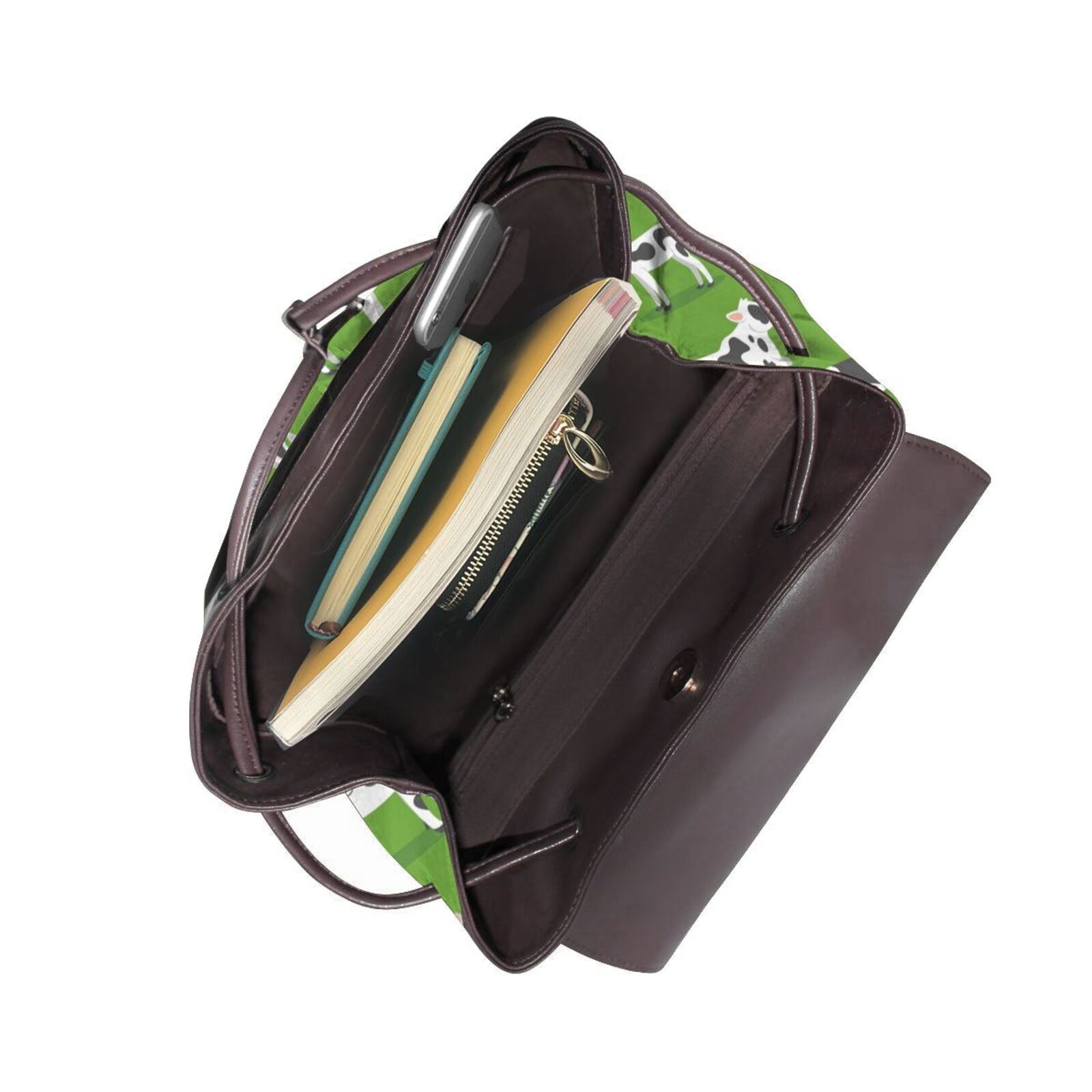 Xecao Cows With Calfs Green Print Large Backpack Soft Leather for Women Travel with Compartment, Adjustable Convertible Strap