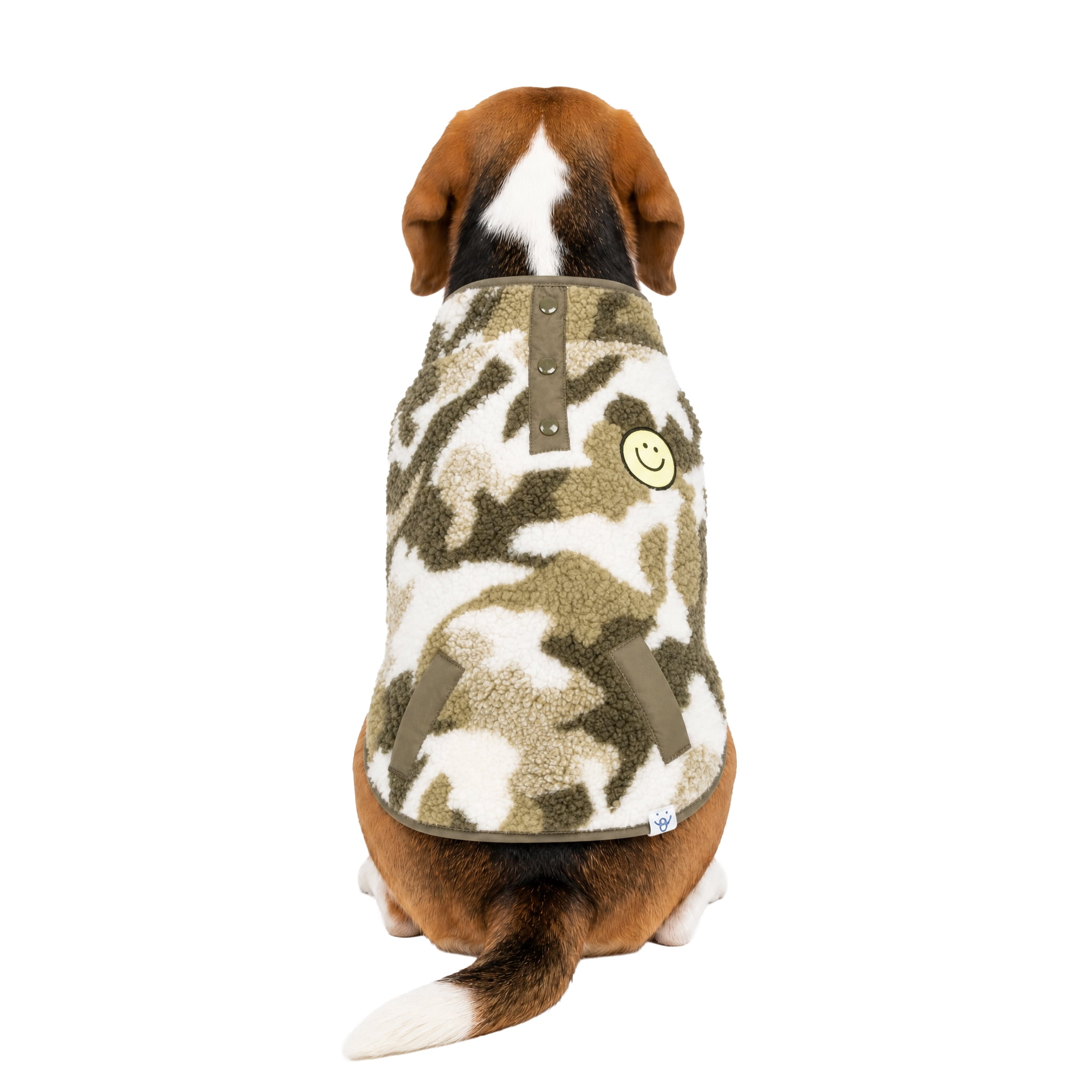 Oodles Smiley Face Fall Camo Sherpa Dog Jacket, Green, Medium