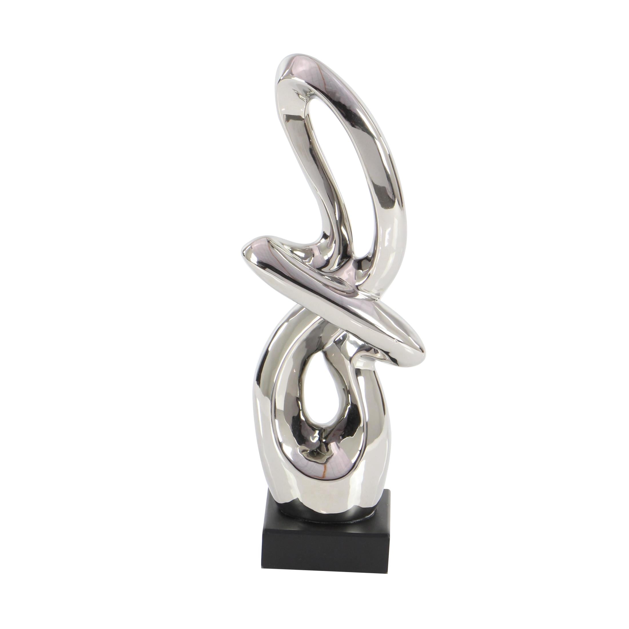 7" x 18" Silver Ceramic Swirl Abstract Sculpture with Black Base, by DecMode