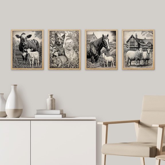 PixonSign Framed Wall Art, Rustic Farmhouse Animal Cow Cat Sheep Horse Landscape Posters, Set of 4 Illustration Wall Decor Prints, Classic Contemporary Wall Décor for Living Room - 8"x10" Natural