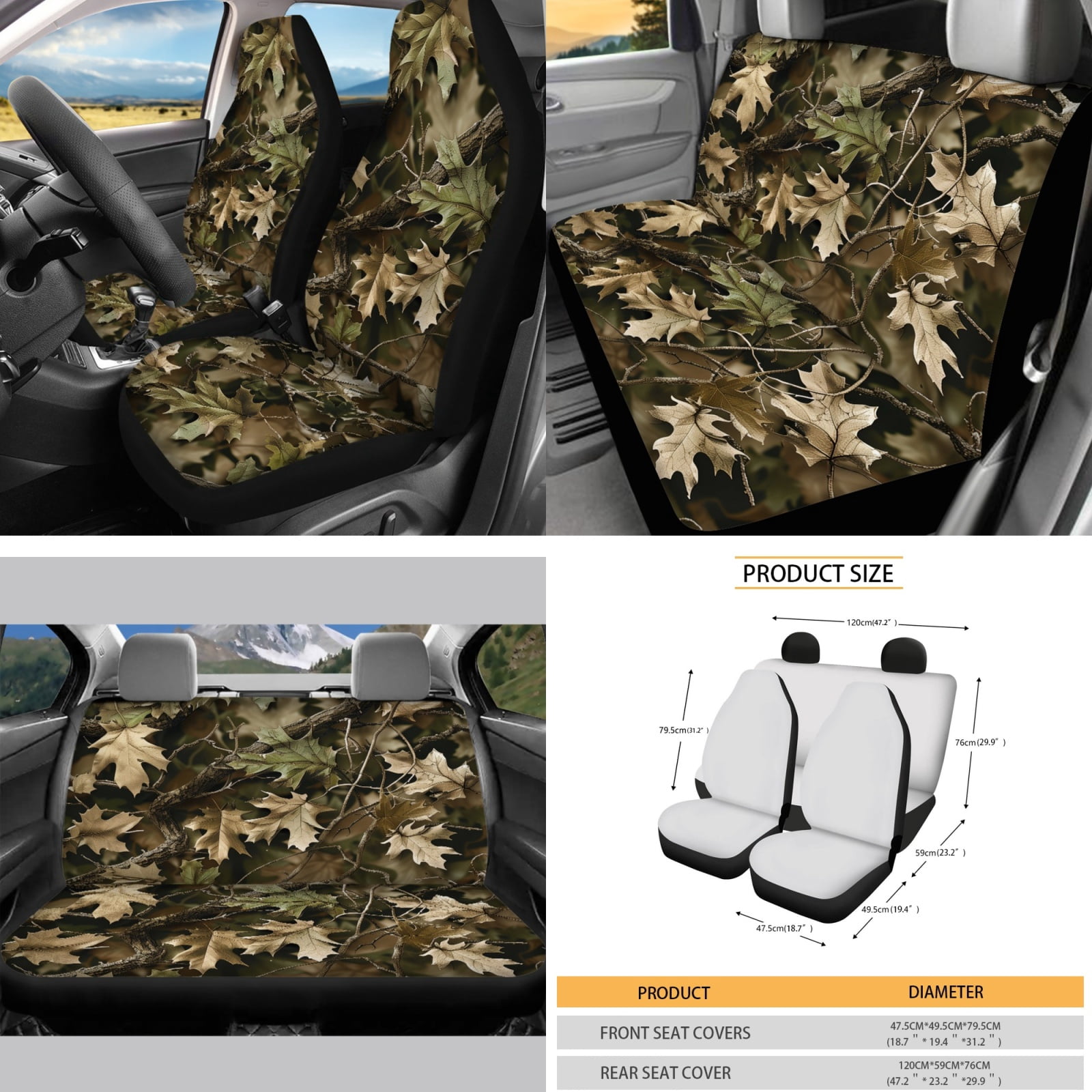 Yuyamidu Camo Hunting Car Seat Cover Set 16 PCS Wood Steering Wheel Cover Seat Belt Cushion Pad Gear Shift Hand Brake Cover Rearview Mirror Cover Coasters Keychain Sun Shade for SUV Van Truck
