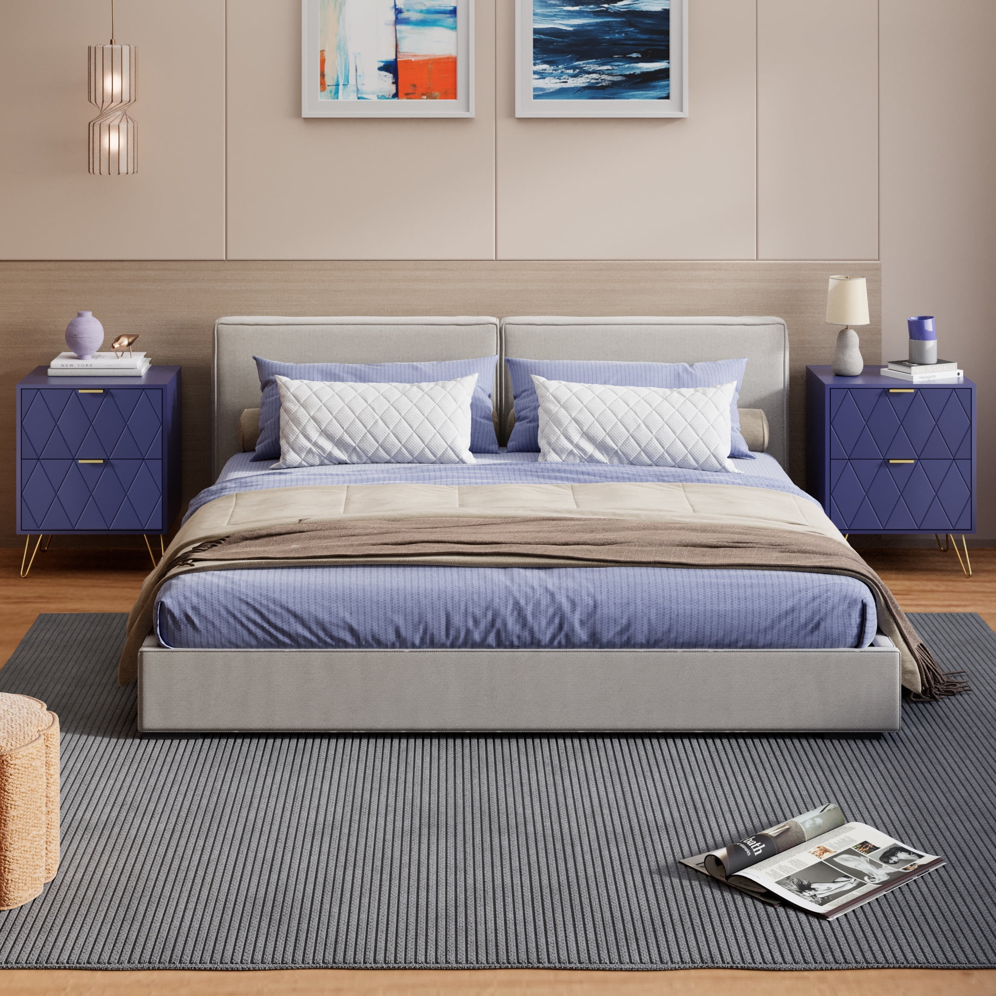 Eclife Set of 2 Nightstands Gold Handles Legs End Table for Bedroom Home Adult Kids, Navy Blue