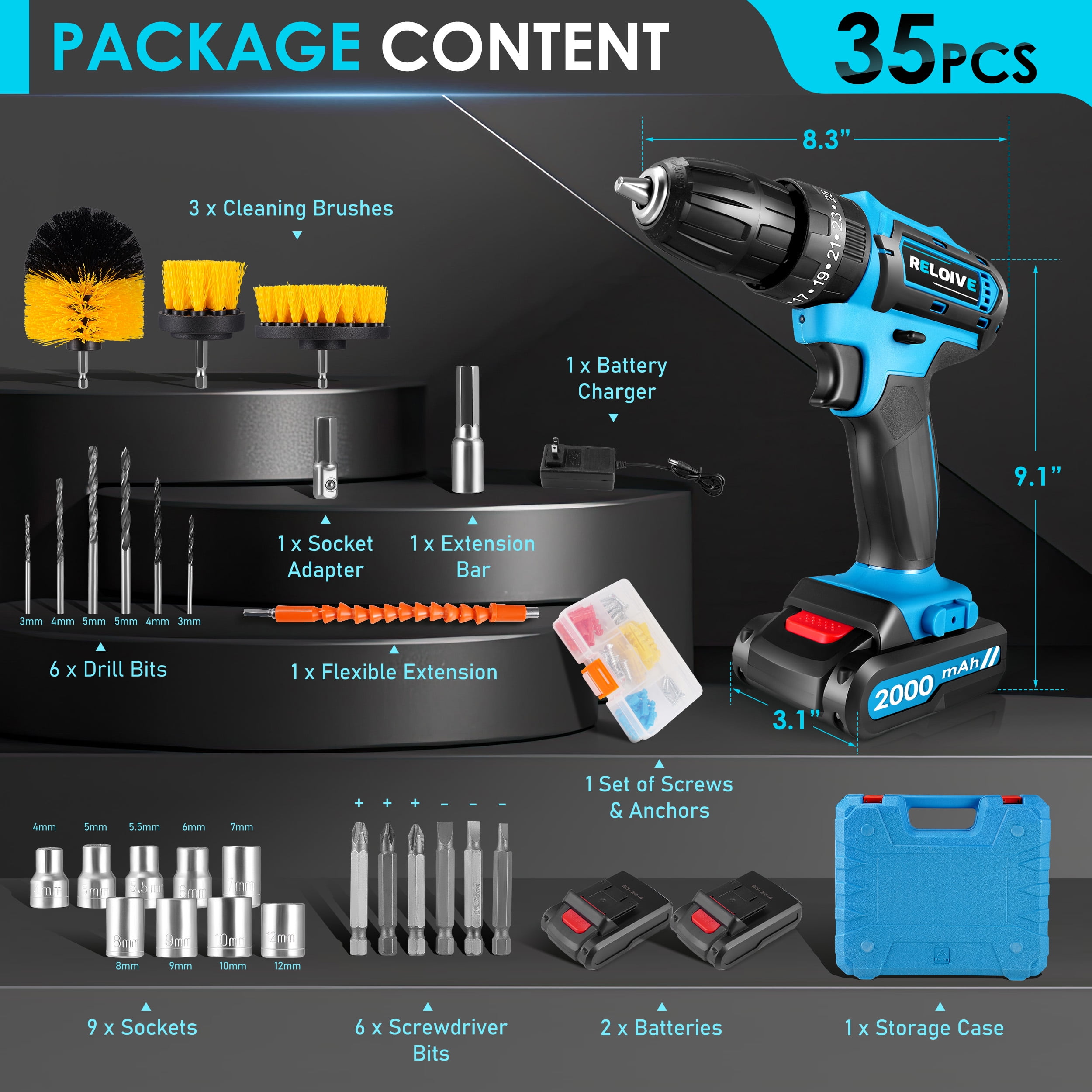 RELOIVE 21V Cordless Drill,Electric Power Drill Set with 2×2.0Ah Battery&Charger,3/8" Keyless Chuck,2-Speed,45N.m Torque,25+3 Position,35pcs Drill/Driver Bits
