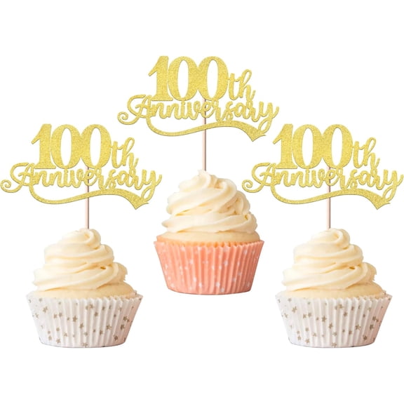 100th Anniversary Cupcake Toppers - 12 Pack Gold Glitter 100th Anniversary Picks for 100th Birthday, Centennial Anniversary Party Decorations