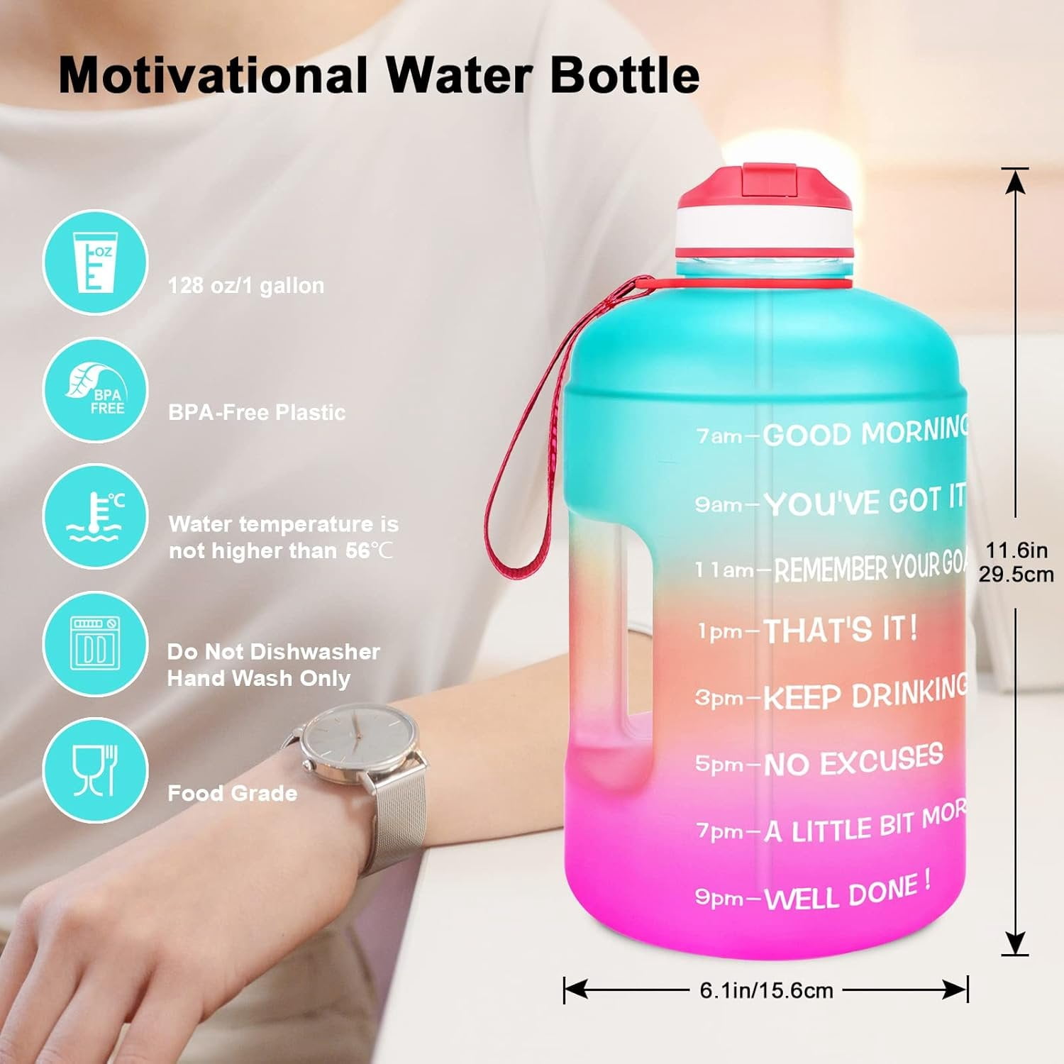 Motivational Gallon Water Bottle - with Straw & Time Marker  Large   Water Jug with Handle for Fitness Outdoor Enthusiasts Leak-Proof