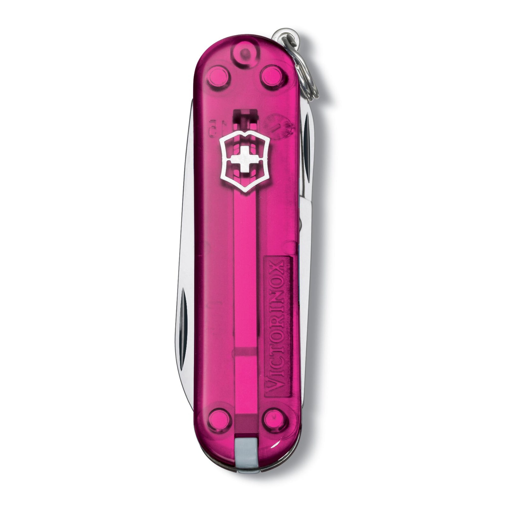Victorinox Classic SD Swiss Army Knife, Compact, 7 Functions, Swiss Made Pocket Knife with Small Blade, Screwdriver and Key Ring - Transparent Pink