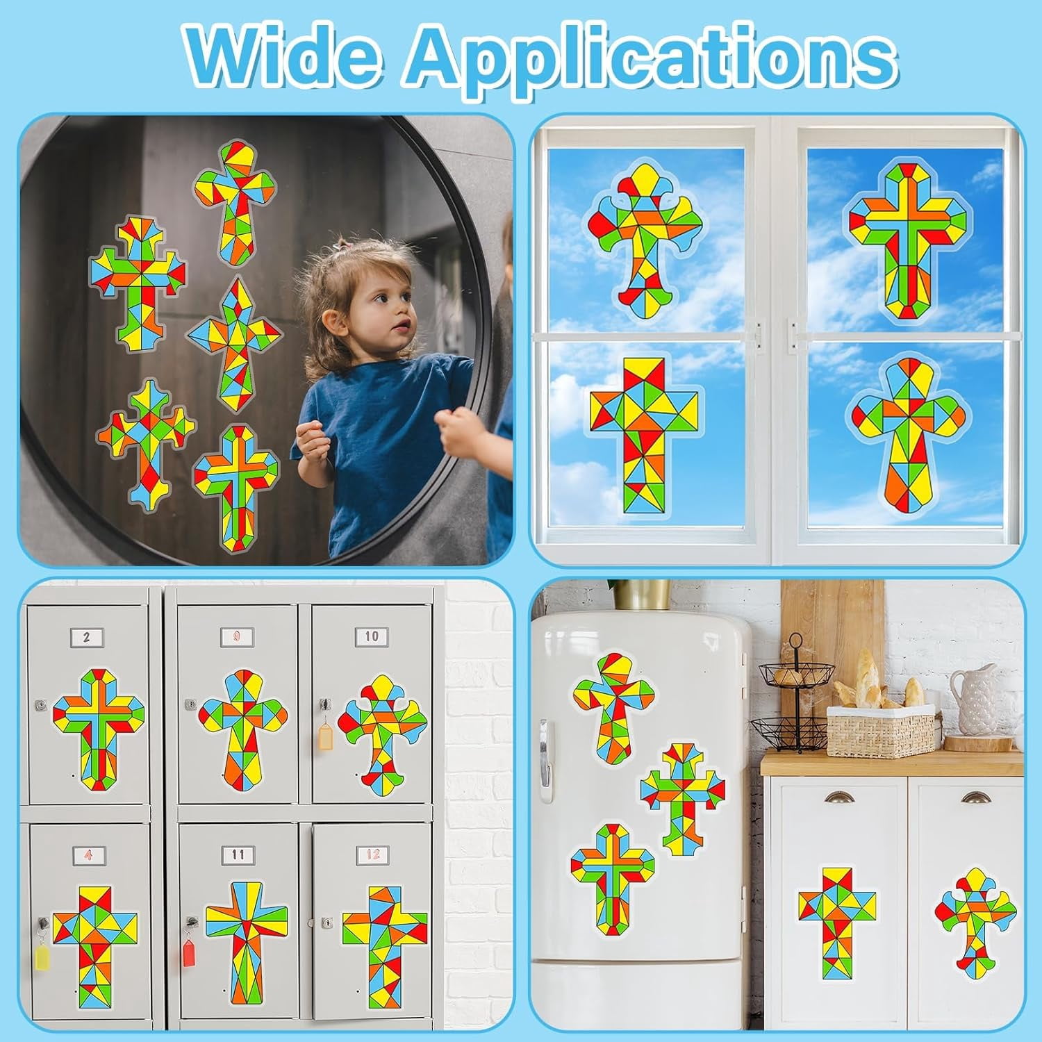 Hltser 30 Pack Easter Cross Window Suncatchers Crafts Kit for Kids Christian Religious DIY Coloring Crafts Window Clings Stickers Kit Sunday School Bible decor with 10 Markers for Home Cl