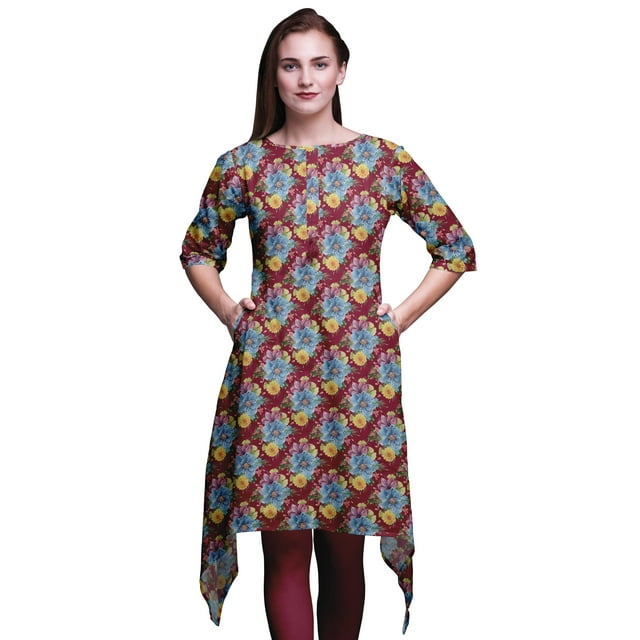 Bimba Kurta pour Femmes à Motif Ethnique Asymétrique avec Pivoines Rouges et Chrysanthèmes, Haut d'Été pour Femmes, Très Grand
